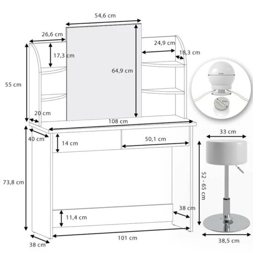 Coiffeuse Charlotte Avec Tabouret Et LED -Mobilier De Maison 73fa12a96ba7491fa5ff4a1825df20d7